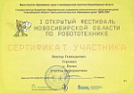 Сертификат участника I-го открытого фестиваля в Новосибирске по РОБОТОТЕХНИКИ